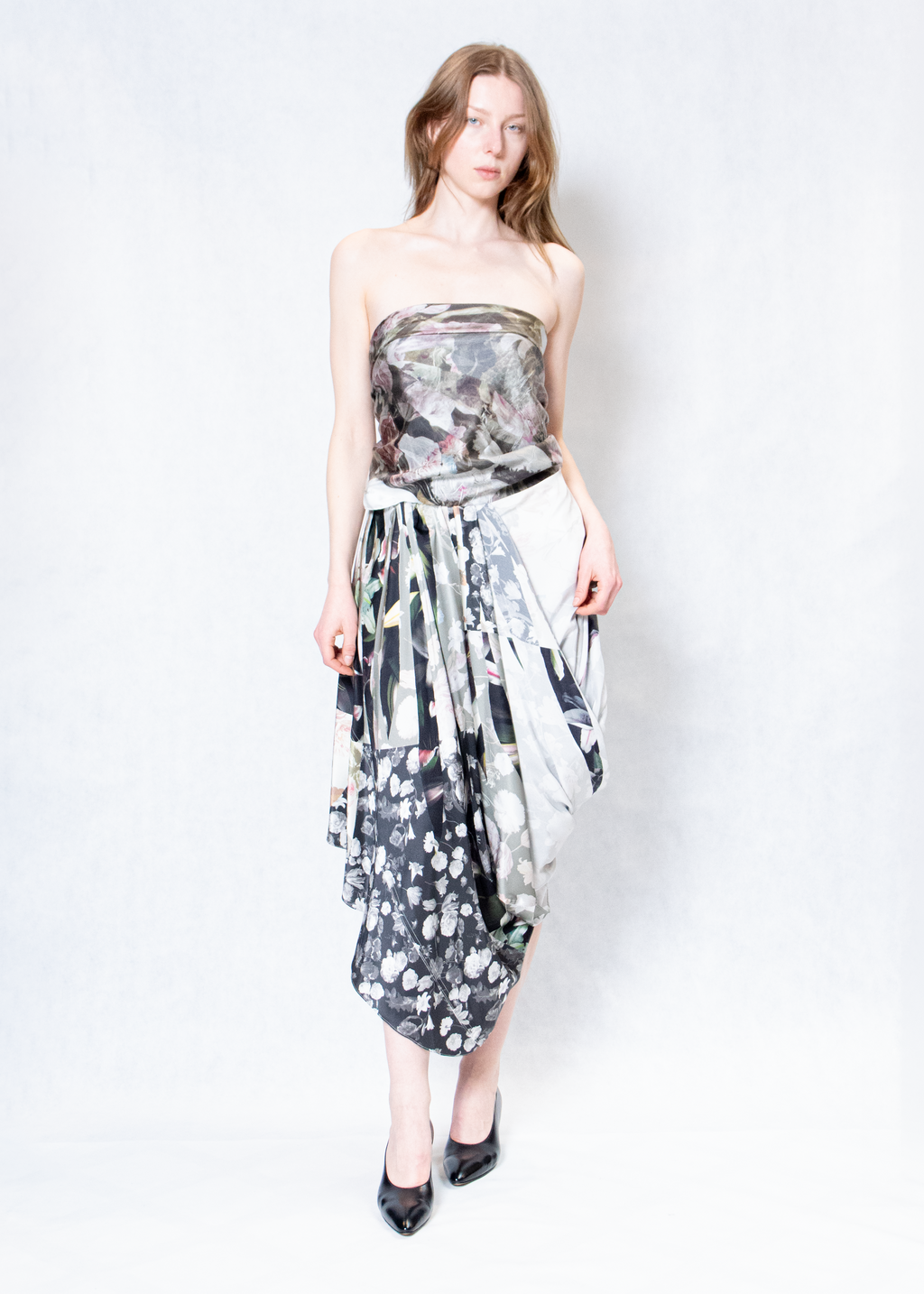 Silk floral draped skirt