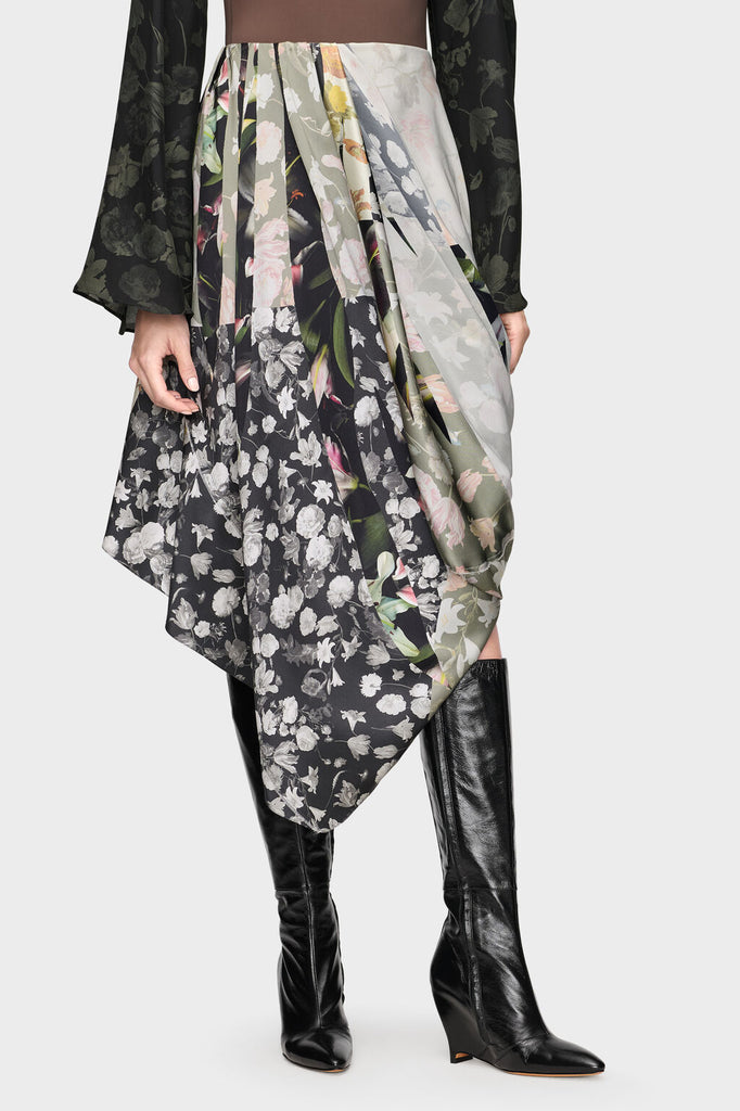 Silk floral draped skirt